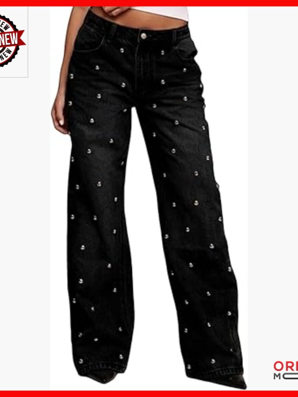 High Waisted Wide Leg Jeans with Studded Embellishments and Glitter Details